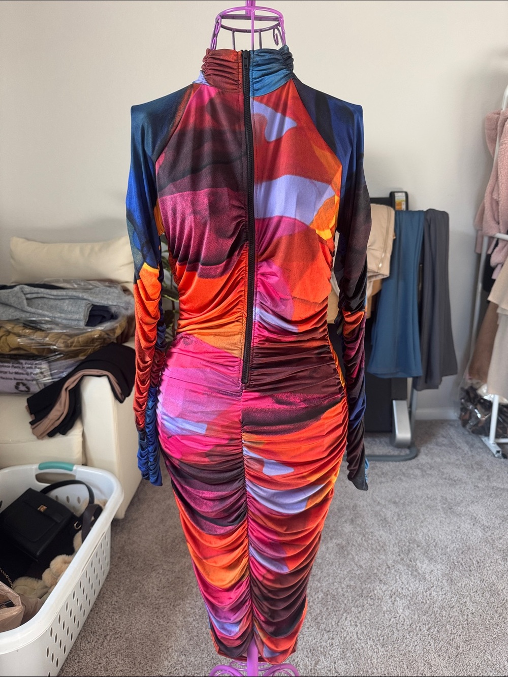 Fashion Nova Multicolor Ruched Long-Sleeve Bodycon Dress with Zip Front